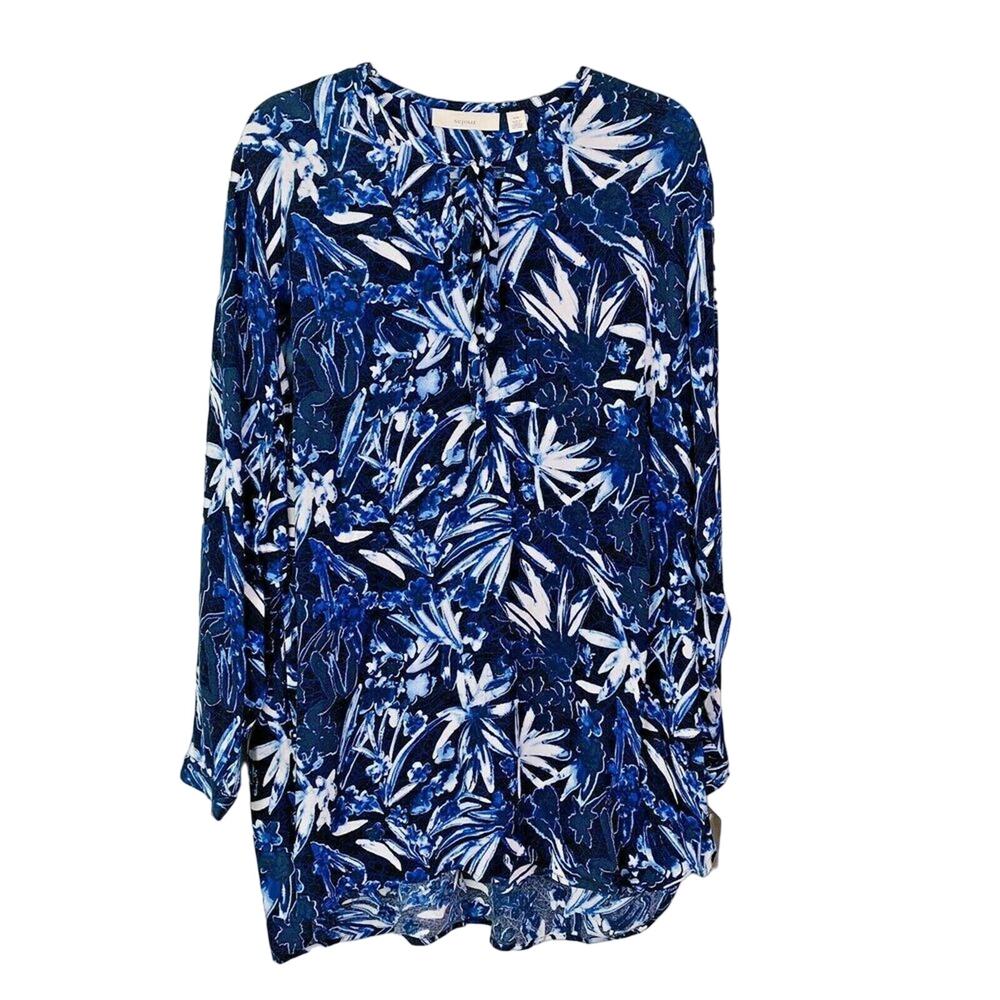 Sejour Shirt 16W Tie Neck LS Floral Tunic Navy Blue White Pockets Stretch New